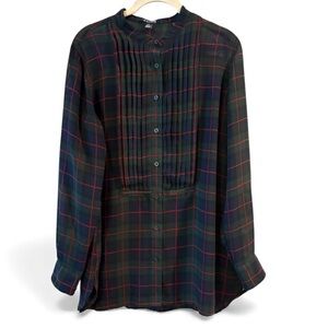 CHAPS Plaid Tunic Blouse Navy Blue Green Plaid Chiffon Button Up Holiday Top M